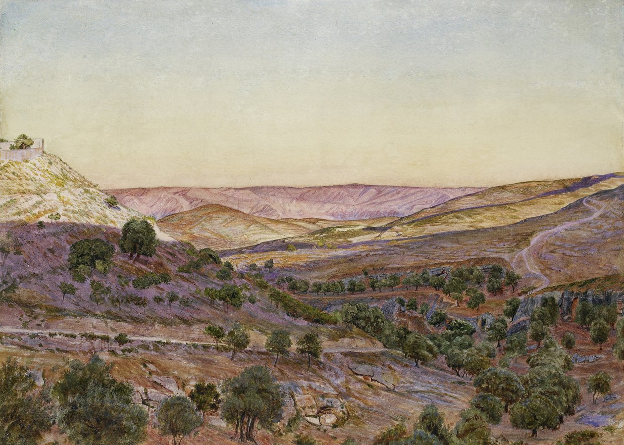 Moáb dombjai és Hinnom völgye, 1854 (akvarell és testfesték) alkotó: Thomas Seddon