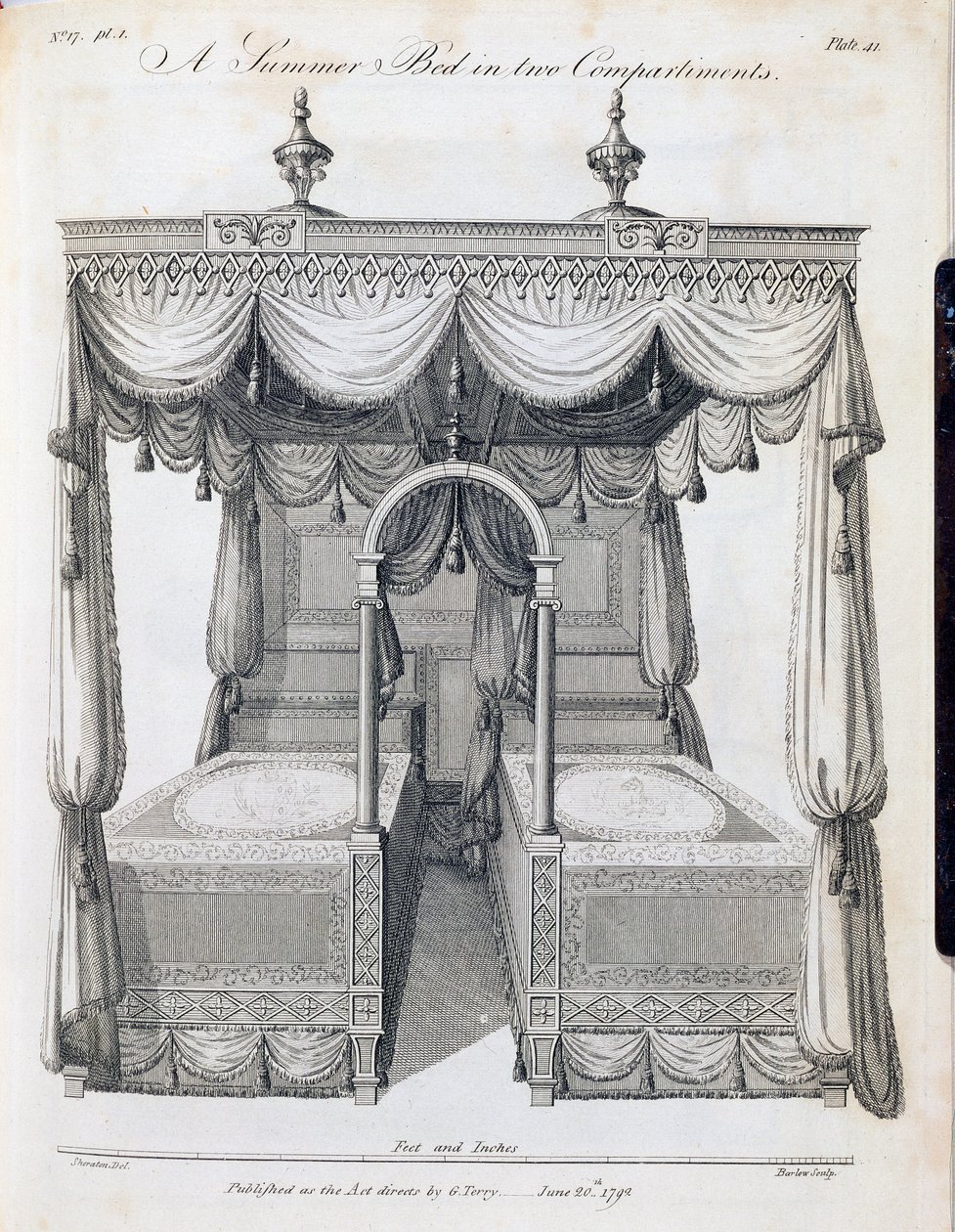 Nyári ágy két rekeszben: 41. tábla, Thomas Sheraton „A szekrénykészítő és kárpitos rajzkönyve”, III. rész, pub. G. Terry, 1793. június (bw print) alkotó: Thomas Sheraton