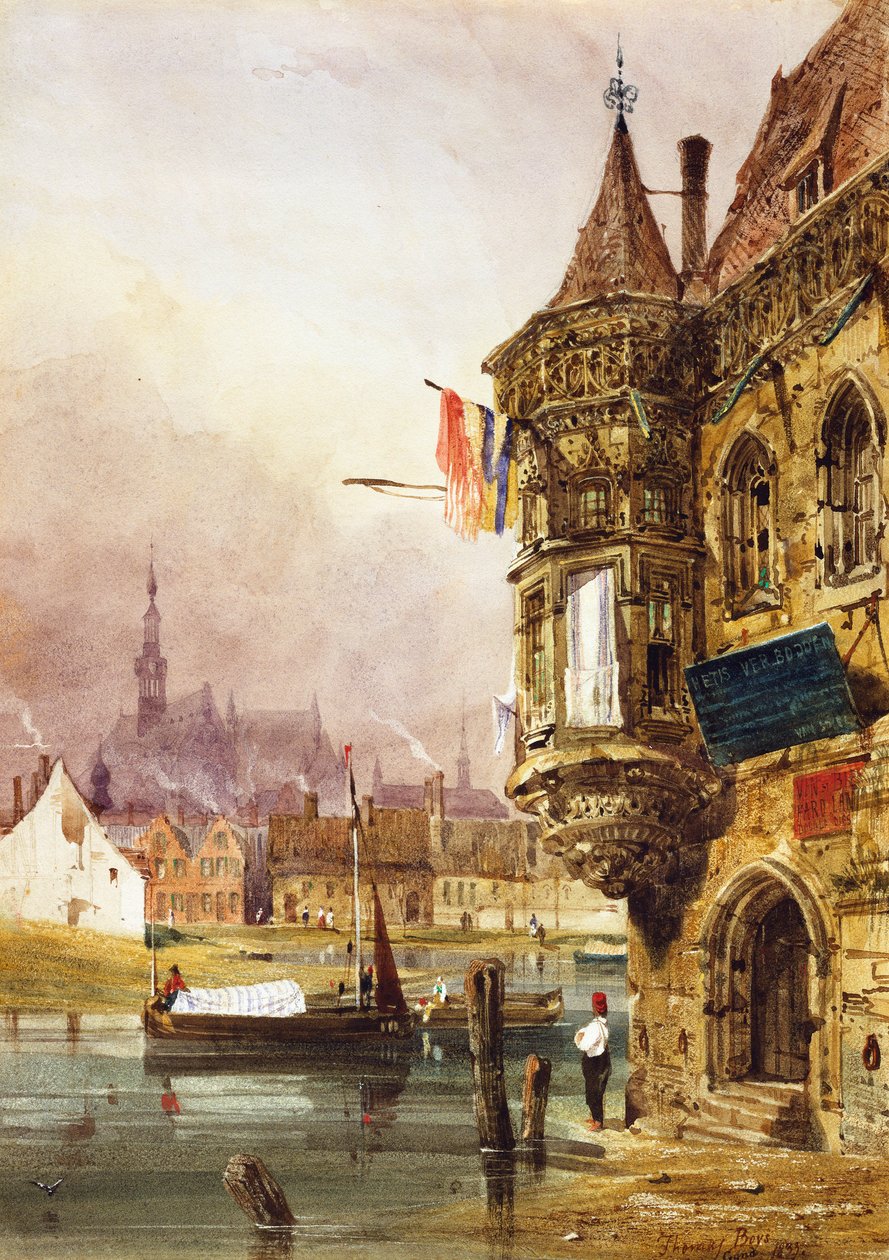 Egy alak egy épület mellett, Gent, uszályokkal a Leye folyón túl, 1833 alkotó: Thomas Shotter Boys