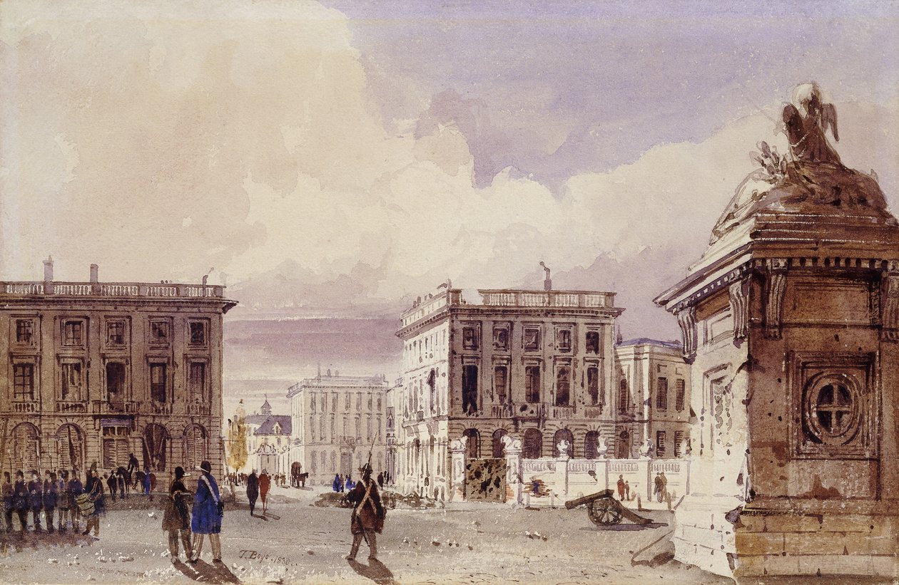 Hotel de Bellevue és Cafe d"Amitie a parkból nézve, Brüsszel, 1830 alkotó: Thomas Shotter Boys