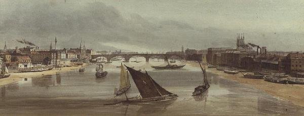 London Bridge a Southwark hídtól (emlékmű a bal oldalon) alkotó: Thomas Shotter Boys