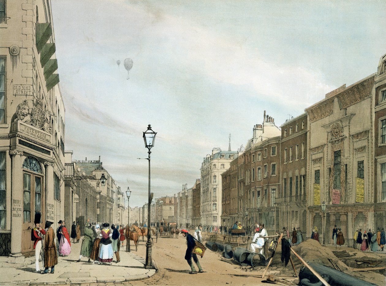 Piccadilly az Old Bond Street sarkáról, a „London As It Is”-ből, a művész gravírozása és kiadása alkotó: Thomas Shotter Boys