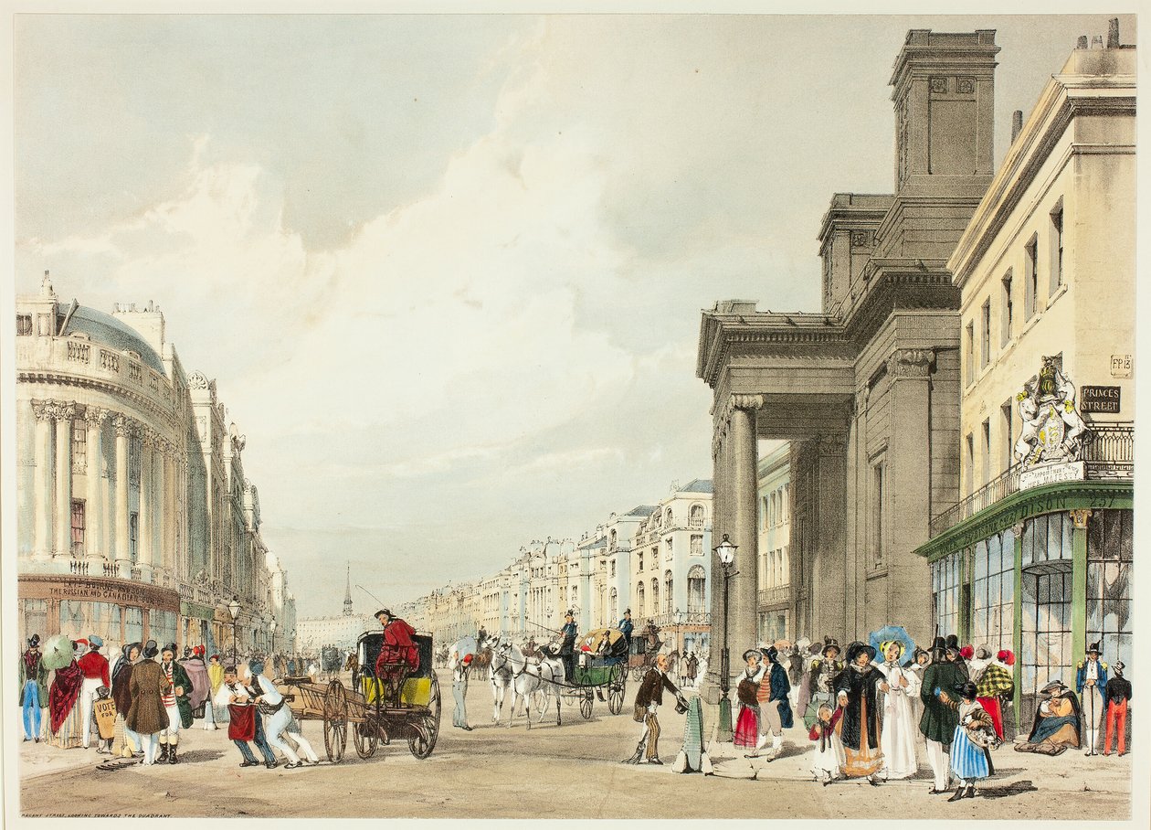 Regent Street Looking Towards the Quadrant, tizennyolcas tábla az Original Views of London, as It Is alkotó: Thomas Shotter Boys
