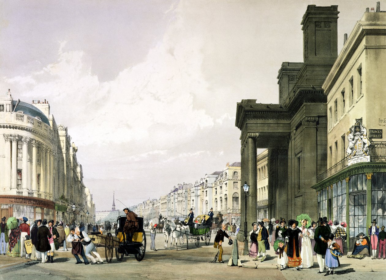 A Regent Street a Quadrant felé néz, előtérben a Hannoveri kápolnával és sétáló vásárlókkal, 1842 alkotó: Thomas Shotter Boys