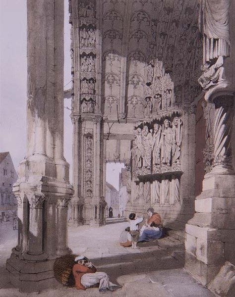 A Chartres-i székesegyház déli tornáca, illusztráció a „Picturesque Architecture in Paris, Gent, Antwerpen, Rouen stb.” a művész által, kocsma. 1839 (litó) alkotó: Thomas Shotter Boys