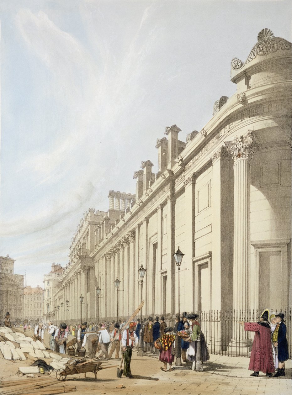 A Bank of England a Mansion House felé tekintve, „London As It Is”-ből, a művész által metszett és kiadott, 1842 alkotó: Thomas Shotter Boys