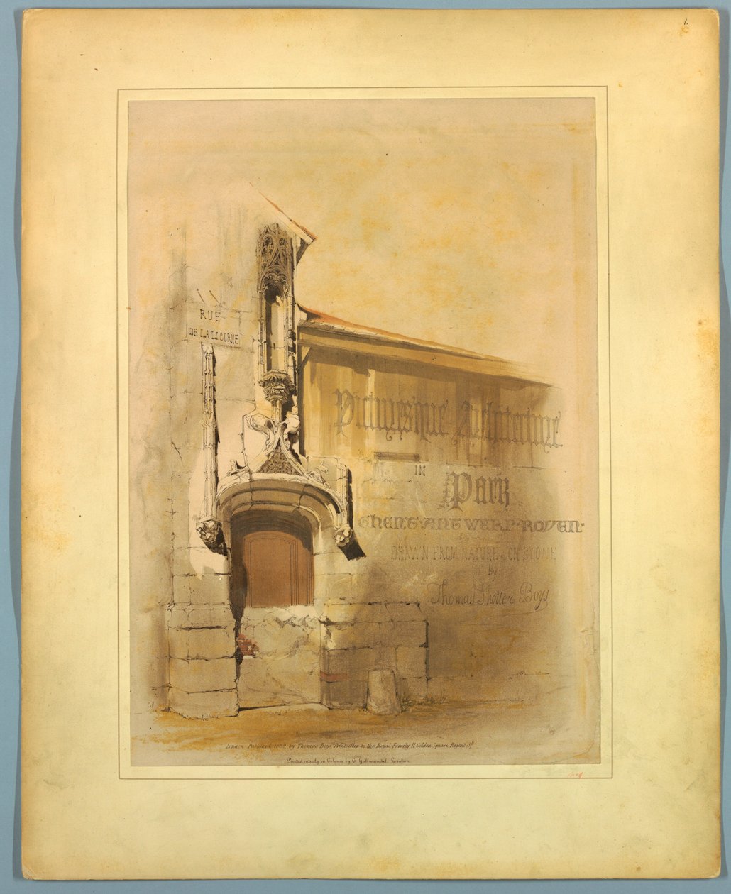 Címlap, "Pestői építészet Párizsban, Gentben, Antwerpenben, Rouenban stb." alkotó: Thomas Shotter Boys