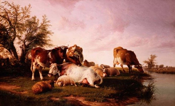 Juhok és szarvasmarhák legeltetése a folyóparton alkotó: Thomas Sidney (after) Cooper