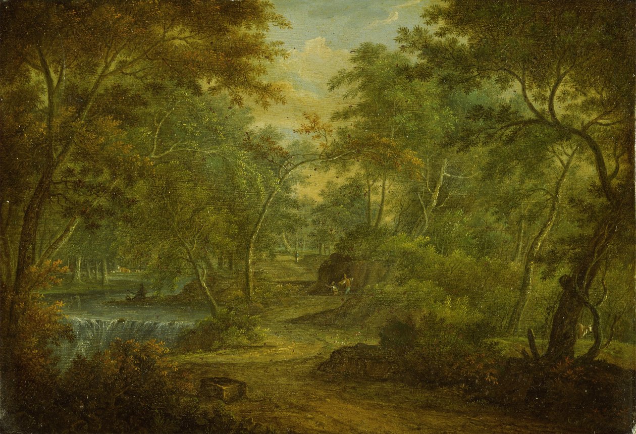 Erdős táj patakkal és halászsal (olaj, réz) alkotó: Thomas Smith of Derby