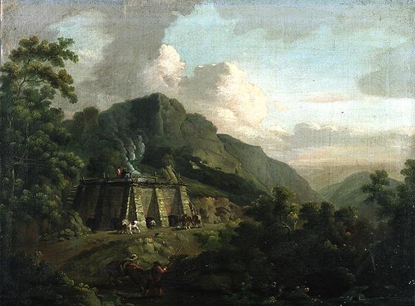 Erdős táj, mészkemencében dolgozó munkásokkal és lovakkal (olaj, vászon) alkotó: Thomas Smith of Derby
