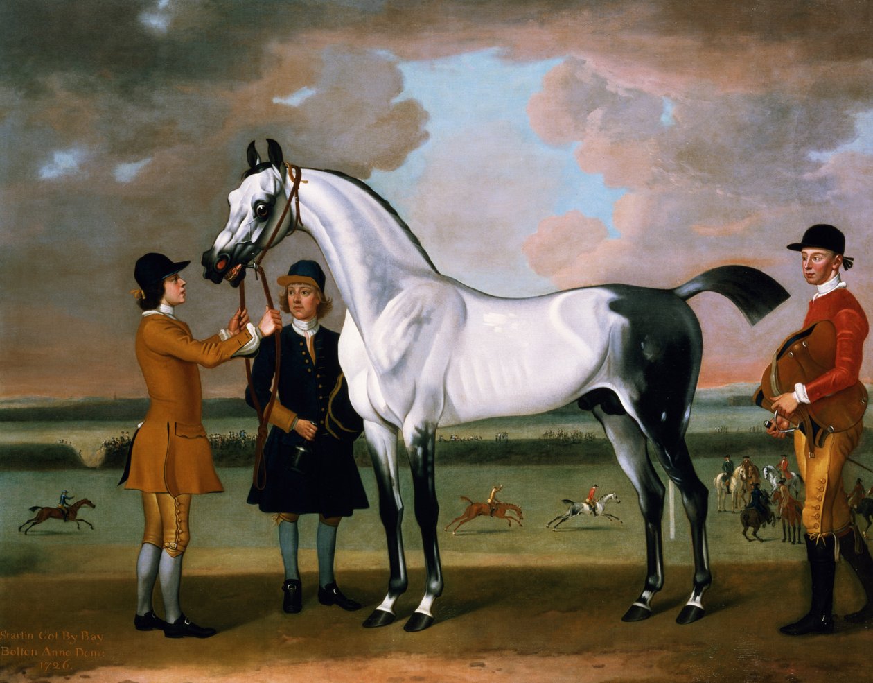 A Duke of Bolton „Starling”-ja egy zsokéval és a vőlegénnyel a Newmarketben alkotó: Thomas Spencer
