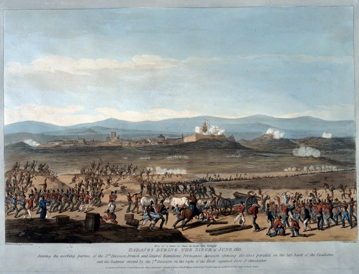 Badajoz Az 1811. júniusi ostrom alatt Charles Turner metszetének 4. táblája a „Spanyolországi és portugáliai hadjáratok főbb eseményeiről” című könyv 4. táblája, 1812-ben megjelent (akvatinta) alkotó: Thomas Staunton St. Clair