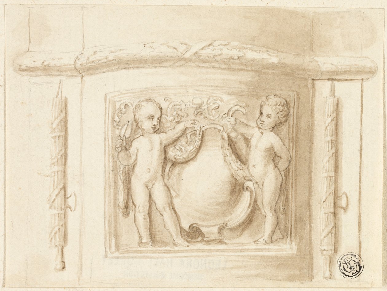 Pilaszter alap domborművel, 2 puttival, pajzs alkotó: Thomas Stothard