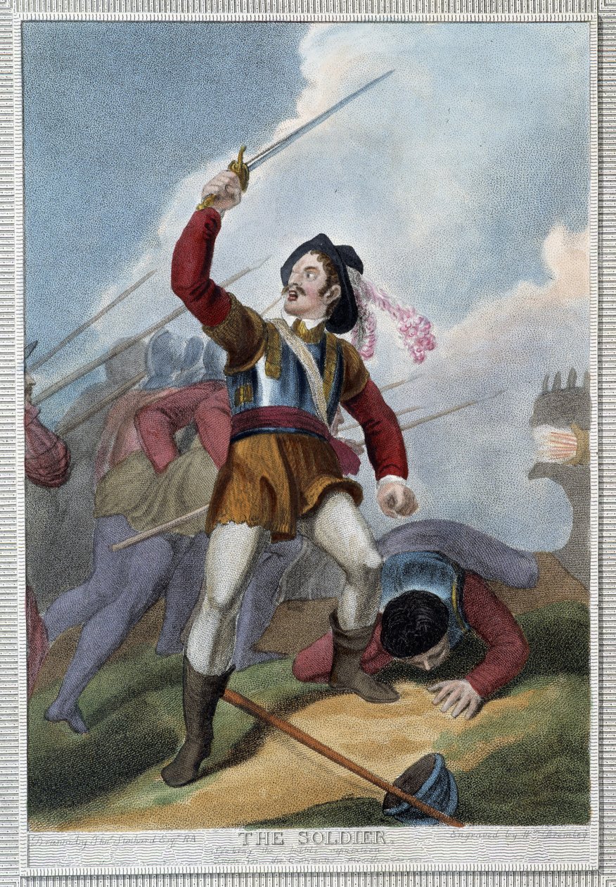 A Katona. Shakespeare „Az ember 7 kora” című könyvében, ill. W. Broniley, London alkotó: Thomas Stothard