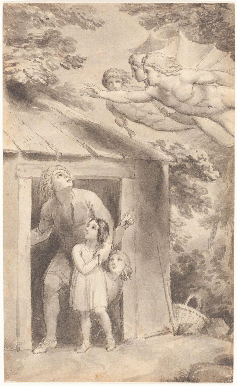 Péter és gyermekei, akiket három repülő alak látogat meg alkotó: Thomas Stothard