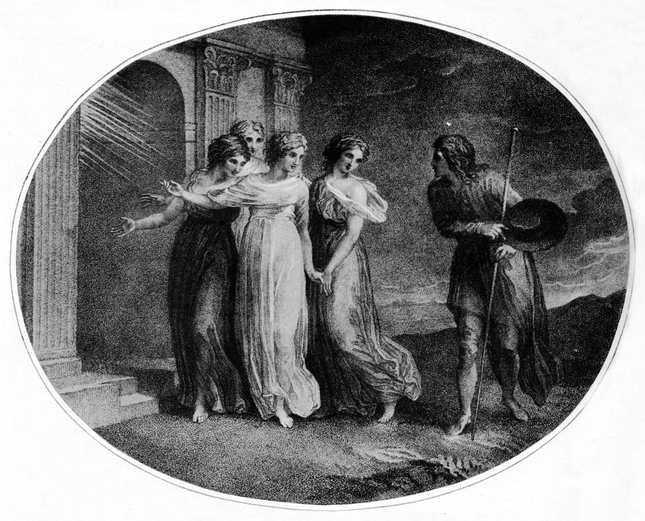Megfontoltság, jámborság, jótékonyság és diszkréció meghívja Christiant a Szép palotába, 1789, 1912 alkotó: Thomas Stothard