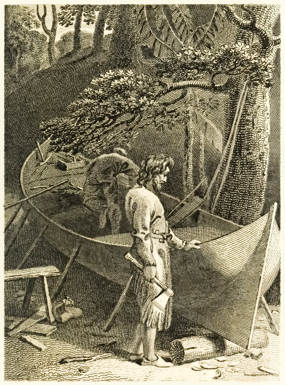 ?Robinson Crusoe és Friday hajót készítenek? a ?Robinson Crusoe élete és furcsa meglepő kalandjai, vagy York, Mariner? írta: Daniel Defoe alkotó: Thomas Stothard