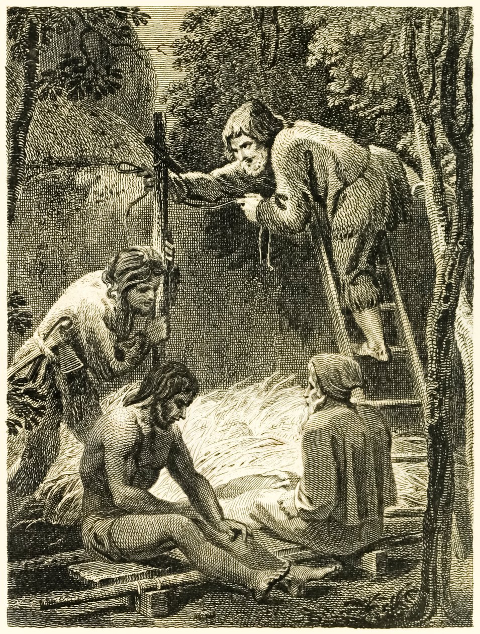 ?Robinson Crusoe és Péntek sátrat készítenek pénteki szállásra? Apa és a spanyol? a ?Robinson Crusoe élete és furcsa meglepő kalandjai, vagy York, Mariner? írta: Daniel Defoe alkotó: Thomas Stothard
