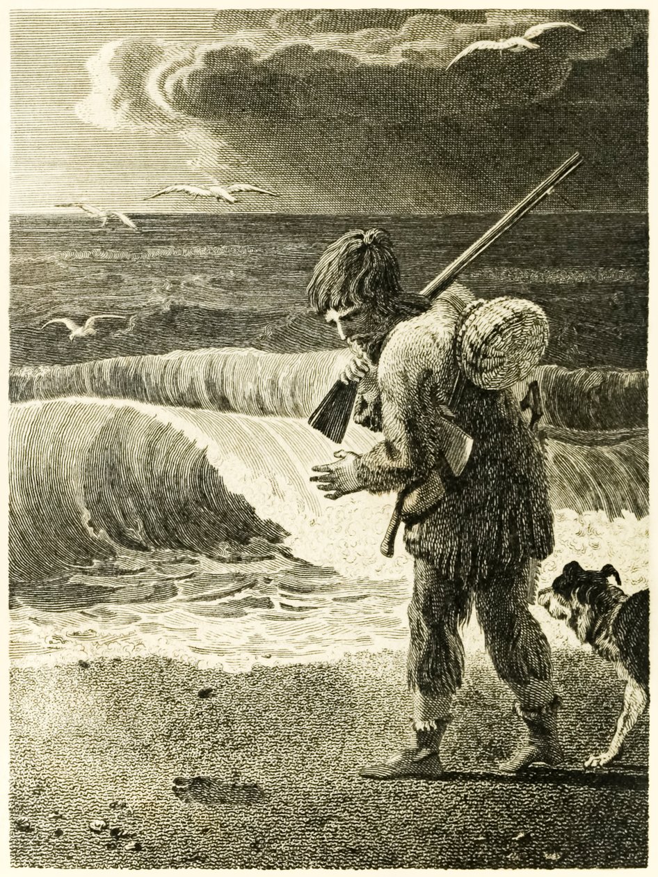 ?Robinson Crusoe felfedezi a férfi lábnyomát? a ?Robinson Crusoe élete és furcsa meglepő kalandjai, vagy York, Mariner? írta: Daniel Defoe alkotó: Thomas Stothard