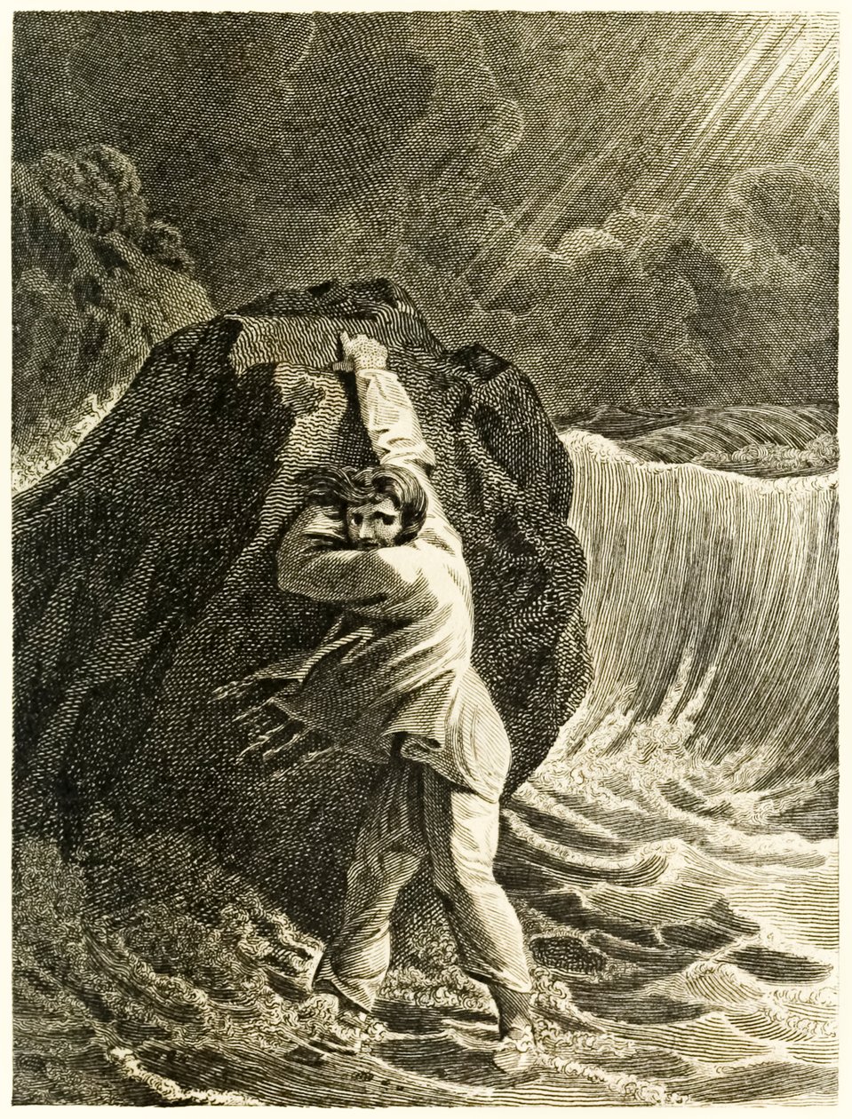 ?Robinson Crusoe hajótörést szenvedett és egy sziklába kapaszkodott? a ?Robinson Crusoe élete és furcsa meglepő kalandjai, vagy York, Mariner? írta: Daniel Defoe alkotó: Thomas Stothard