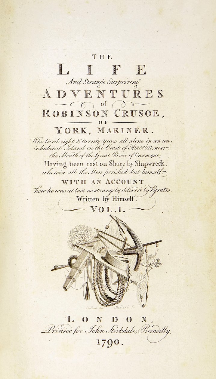 „Robinson Crusoe” címlapja Daniel Defoe „Robinson Crusoe élete és furcsa meglepő kalandjai, vagy York, tengerész” című filmből alkotó: Thomas Stothard