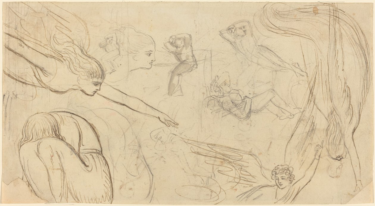 Tanulmányok angyalokkal és haragos alakokkal (illusztráció Macklin Bibliájához?) alkotó: Thomas Stothard