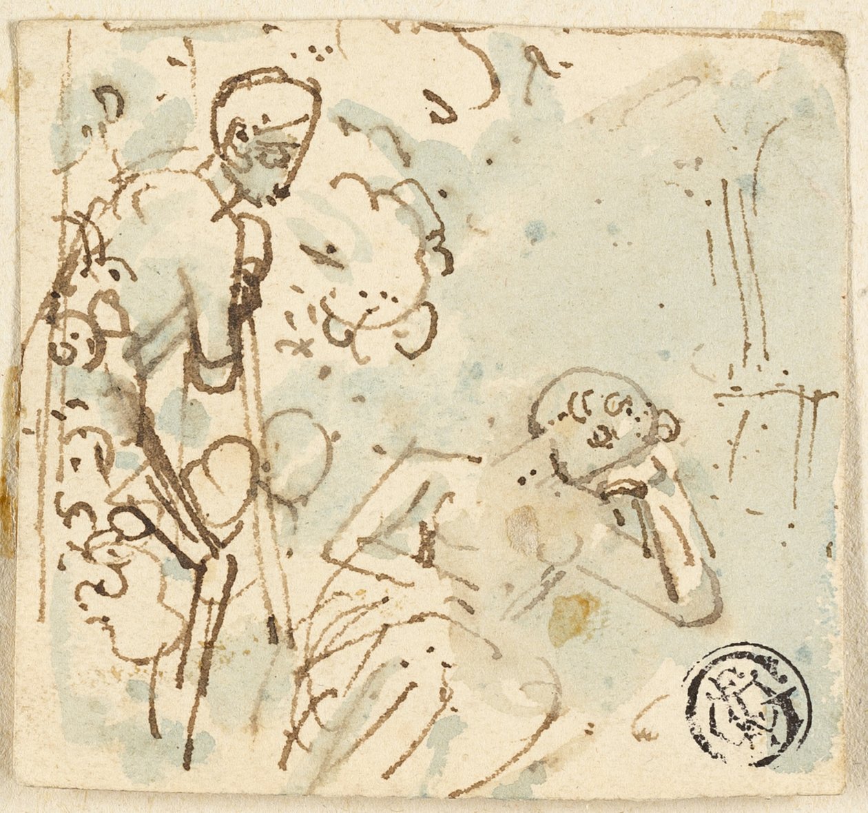 Vázlat a személyzetre támaszkodó férfiról, aki alvó nőt néz alkotó: Thomas Stothard