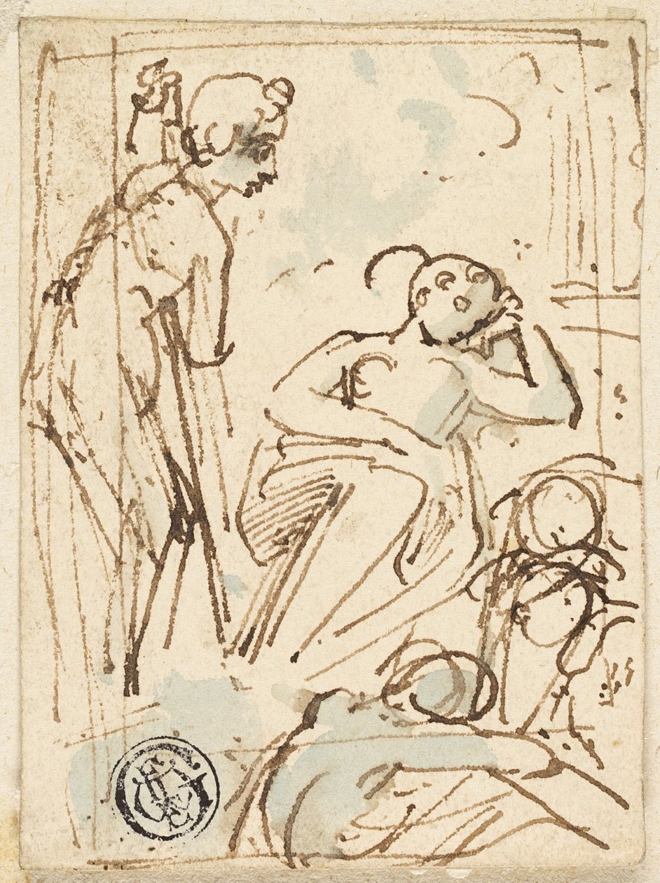Vázlat a személyzetre támaszkodó férfiról, aki alvó nőt néz alkotó: Thomas Stothard