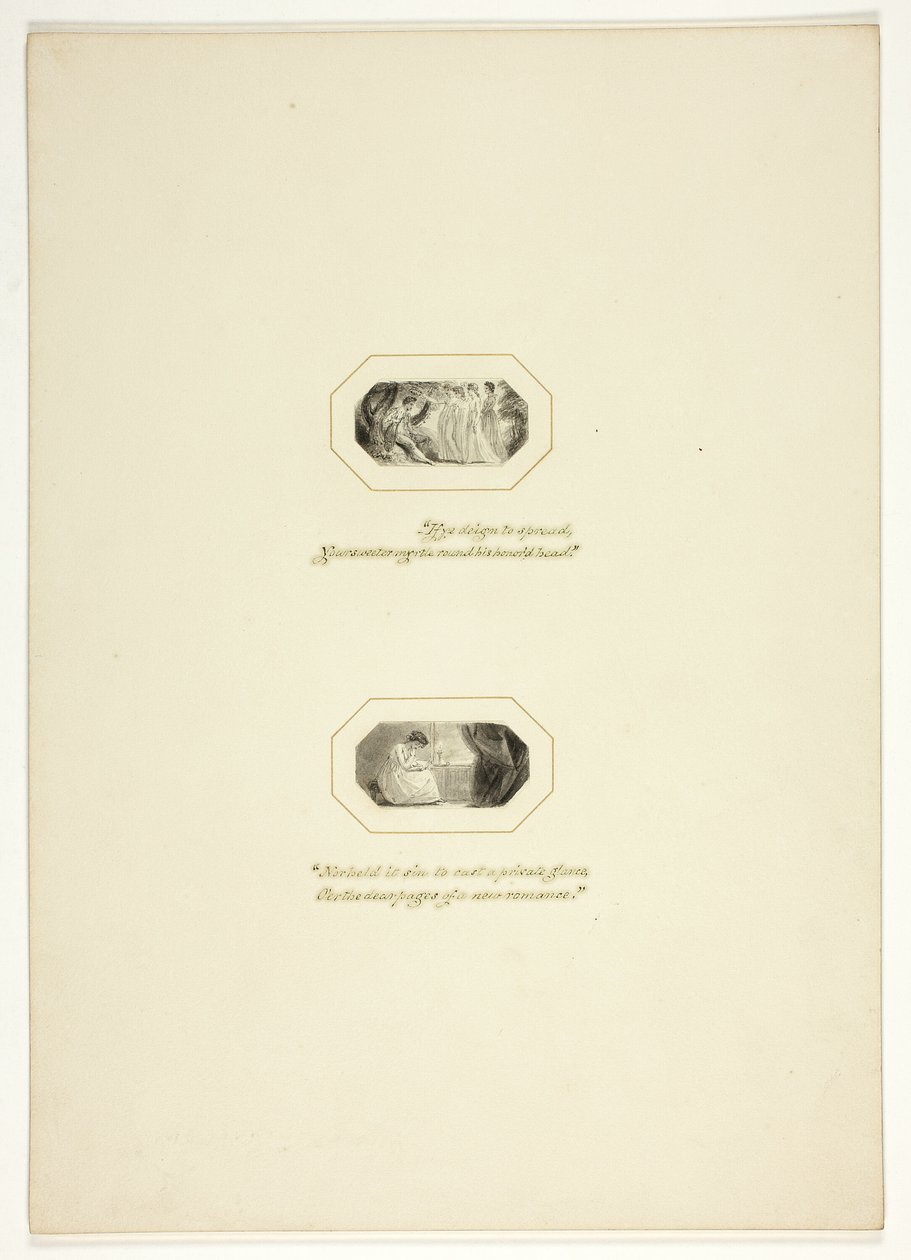 Tanulmány egy tányérhoz a The Triumphs of Temper-ből, az 1796-os Royal Engagements Pocket Book-ban alkotó: Thomas Stothard