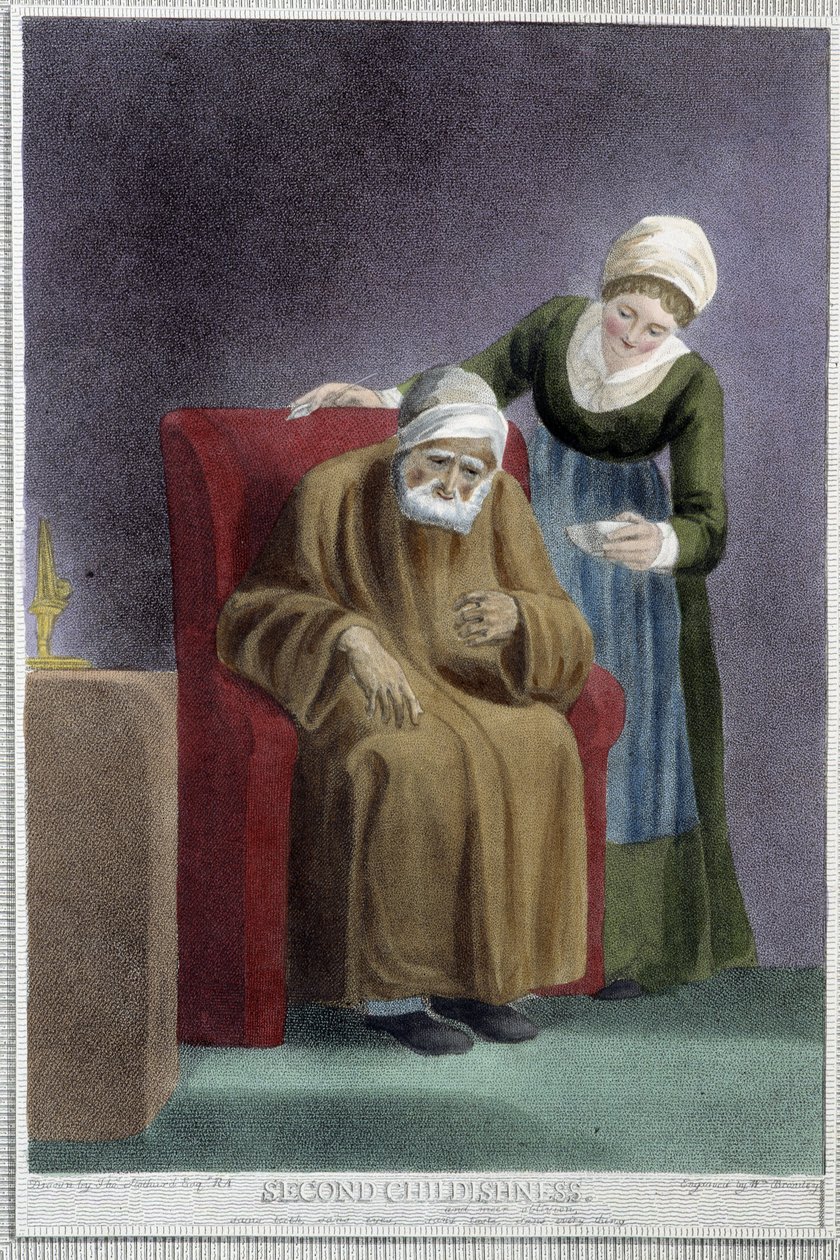 A második gyermekkor (egy nagyon idős férfit gondozó beteg őr) – Shakespeare „Az ember 7 kora” című kötetében, ill. W. Broniley, London alkotó: Thomas Stothard