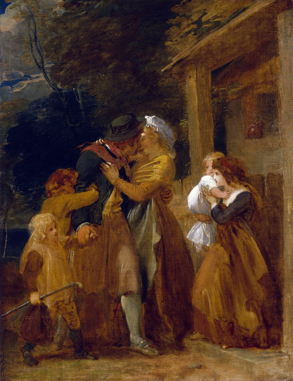 A tengerész visszatérése, újraegyesülése a családjával a háza küszöbén. Olaj, vászon alkotó: Thomas Stothard