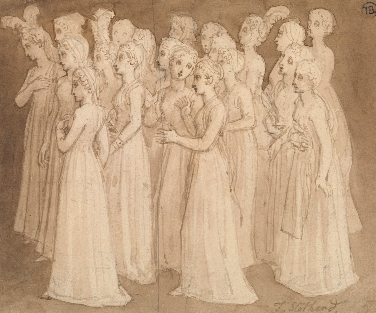 Húsz fiatal lány balra sétál egy csoportban alkotó: Thomas Stothard