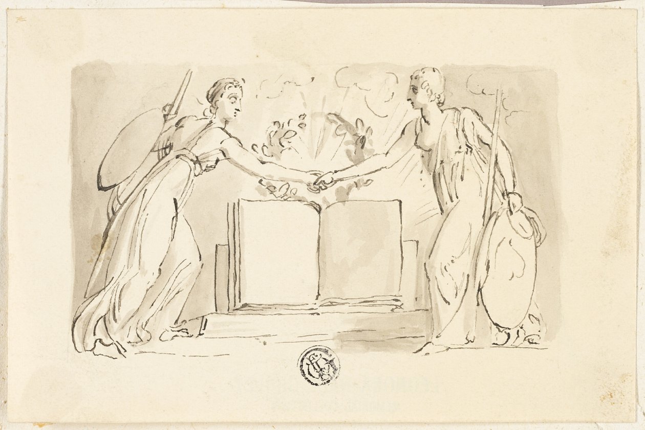 Két allegorikus női alak összekulcsolva kezét a könyv előtt alkotó: Thomas Stothard