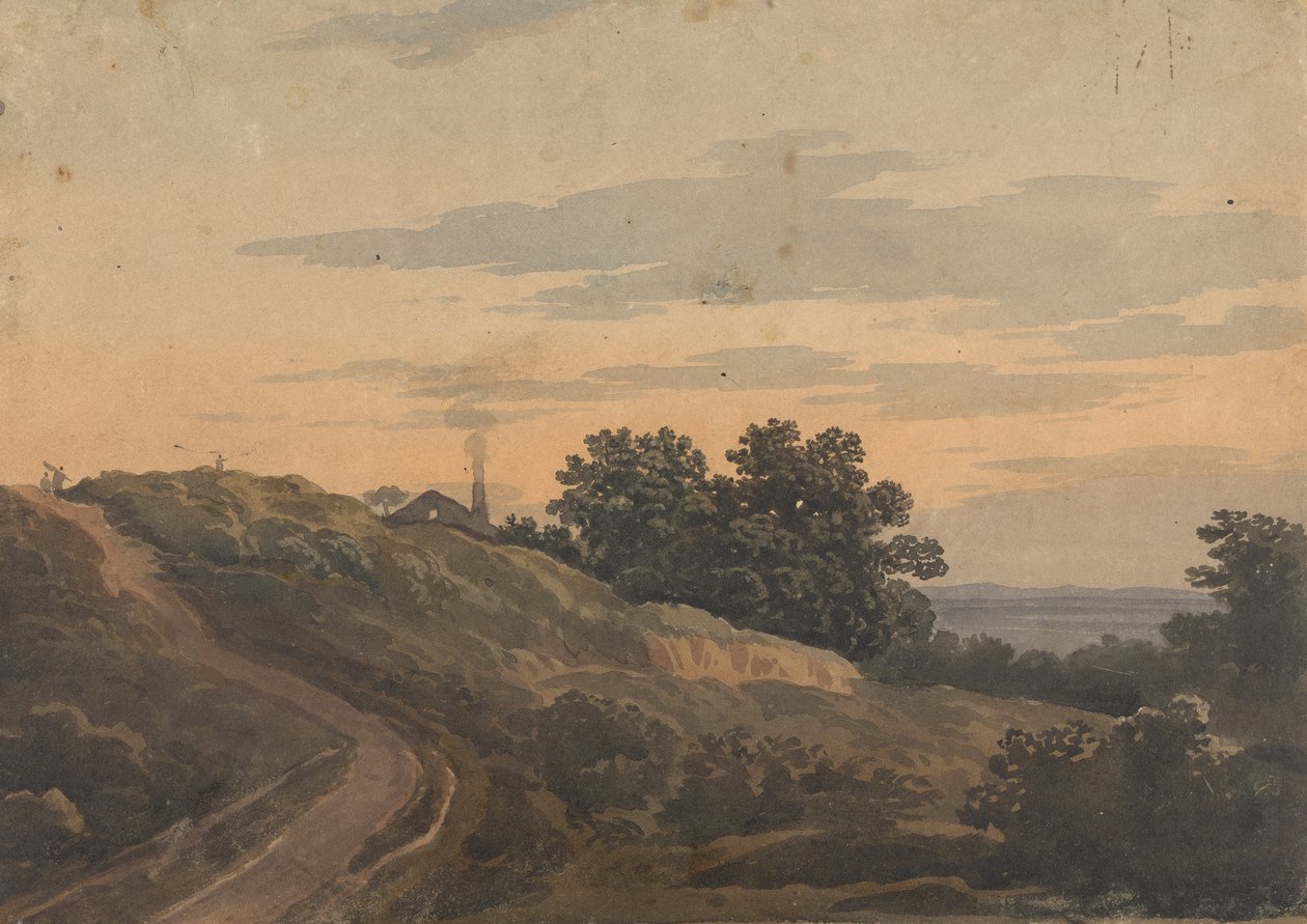 Dombos táj házzal, ösvényekkel és alakokkal alkotó: Thomas Sully