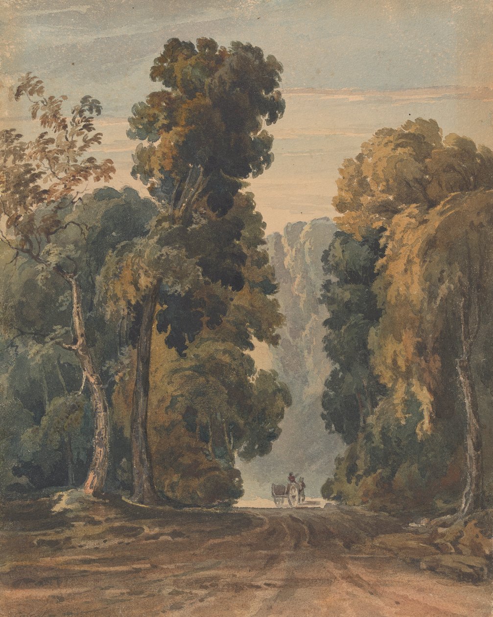 Ló, kocsi és sofőr a széles, fákkal szegélyezett sávon alkotó: Thomas Sully