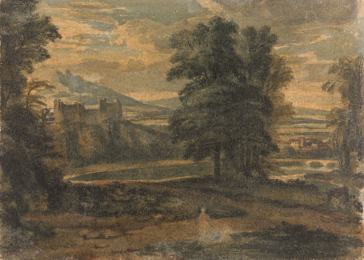 Táj hegyekkel, várral, fákkal és tóval alkotó: Thomas Sully