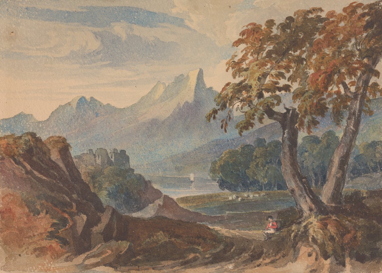 Táj hegyekkel, tóvárral, ülő alakkal az előtérben alkotó: Thomas Sully