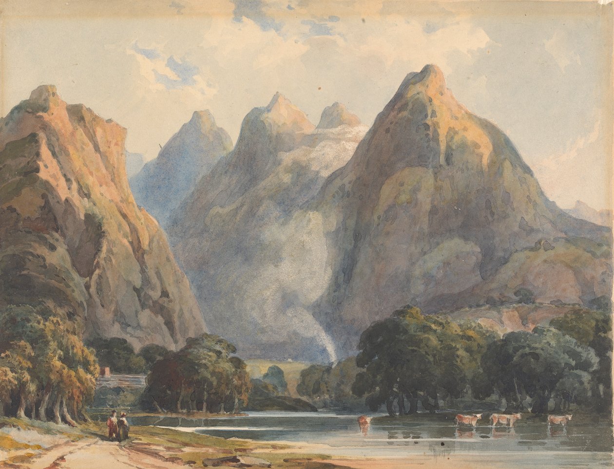 Hegyi jelenet patak, tehenek és figurák alkotó: Thomas Sully