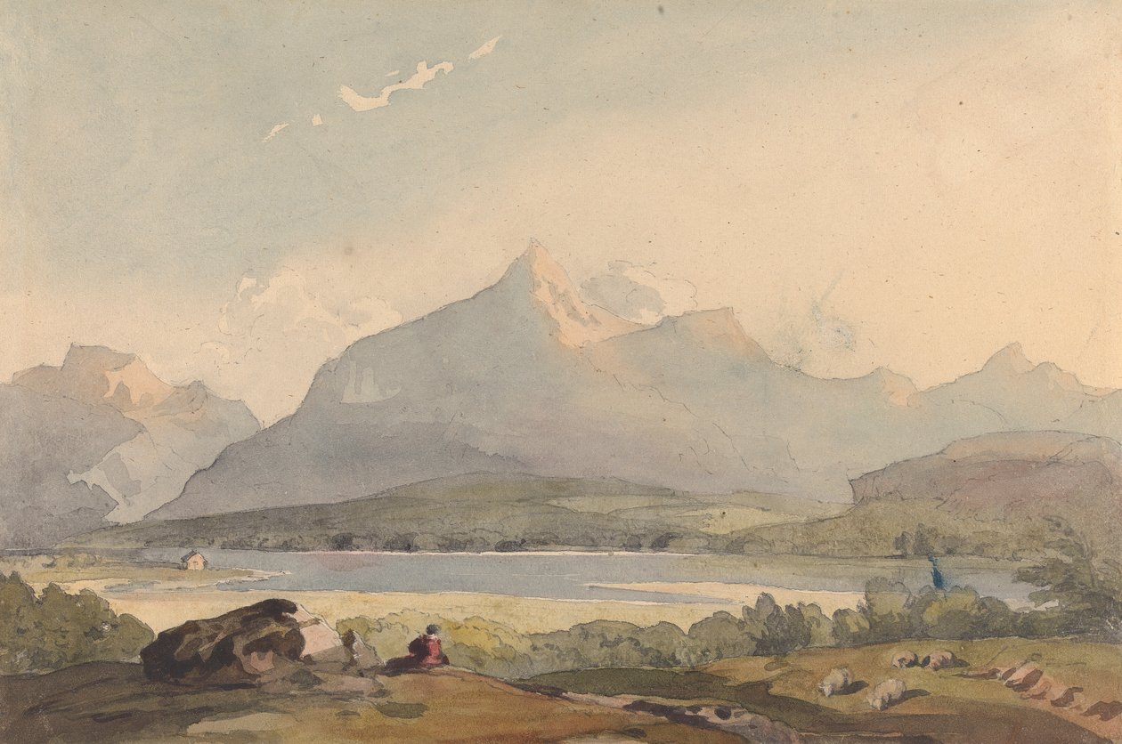 Hegyvidéki táj tóval és alakkal az előtérben alkotó: Thomas Sully
