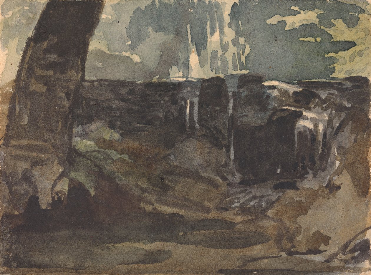 Sziklás táj, nagy fatörzs az előtérben alkotó: Thomas Sully