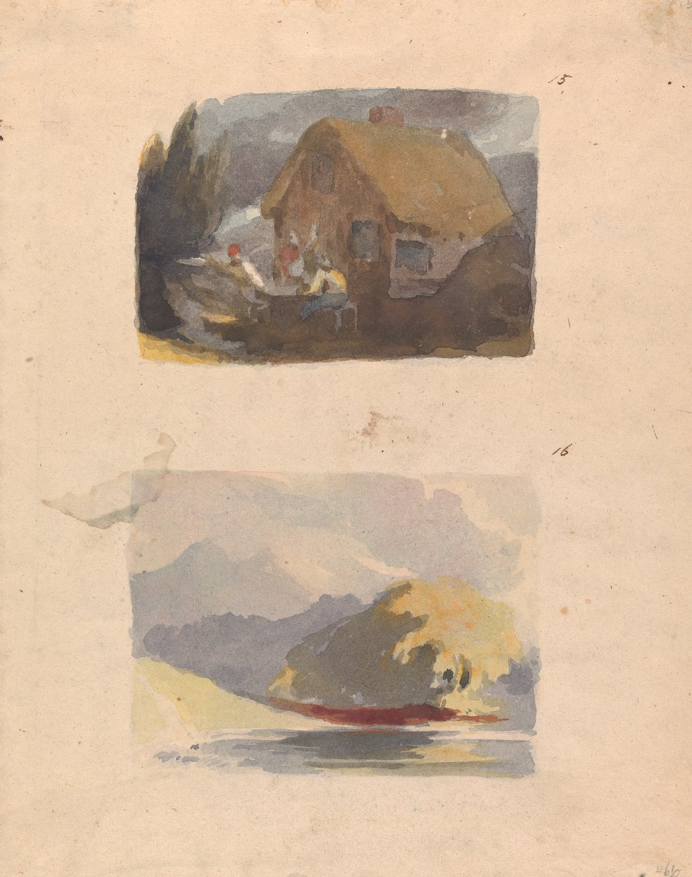 Két rajz egy lapon: Ház figurákkal elöl (15. sz.); Táj folyóval és hegyekkel – Napfény (16. sz.) alkotó: Thomas Sully