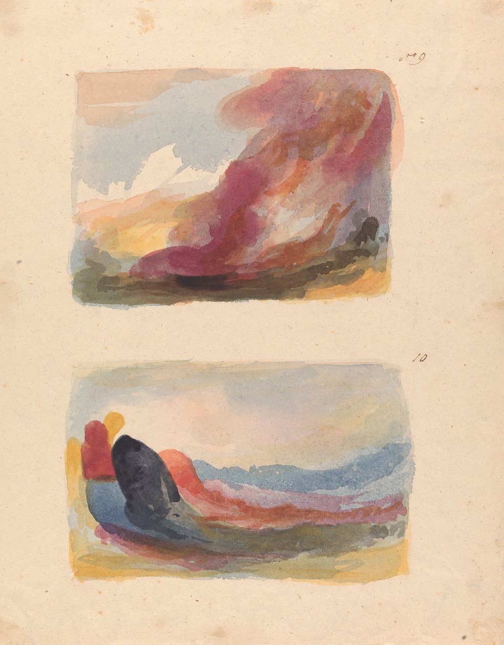 Két rajz egy lapon: Tájkép - színes mosás, Tizian (9. sz.); Táj - színes mosás, Rubens (10. sz.) alkotó: Thomas Sully