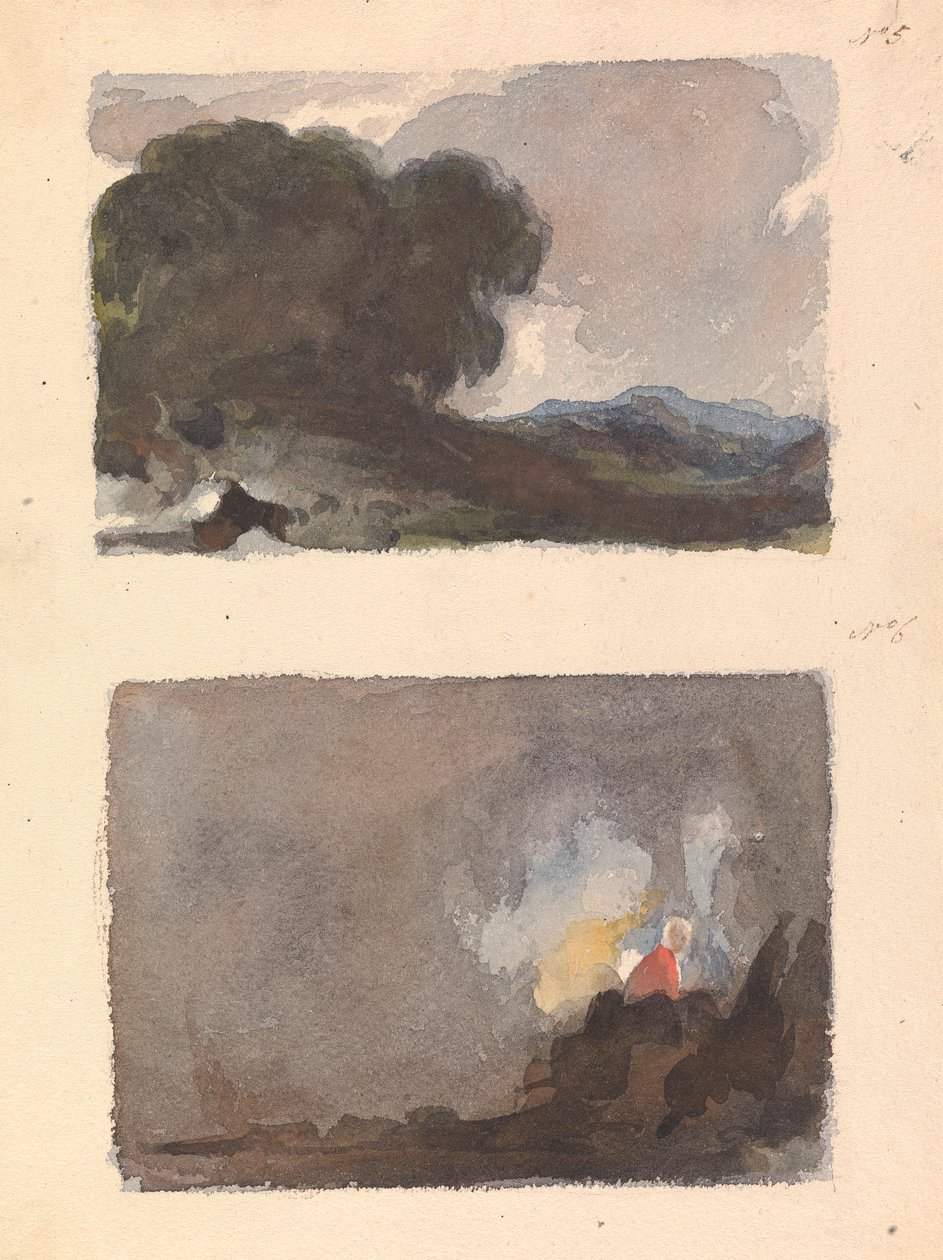 Két rajz egy lapon: Táj, fával az előtérben és hegyekkel a távolban – Hobbema és Ruysdael-elv (5. sz.); Alak a belső jelenetben – Teniers és Ostade elve (6. sz.) alkotó: Thomas Sully