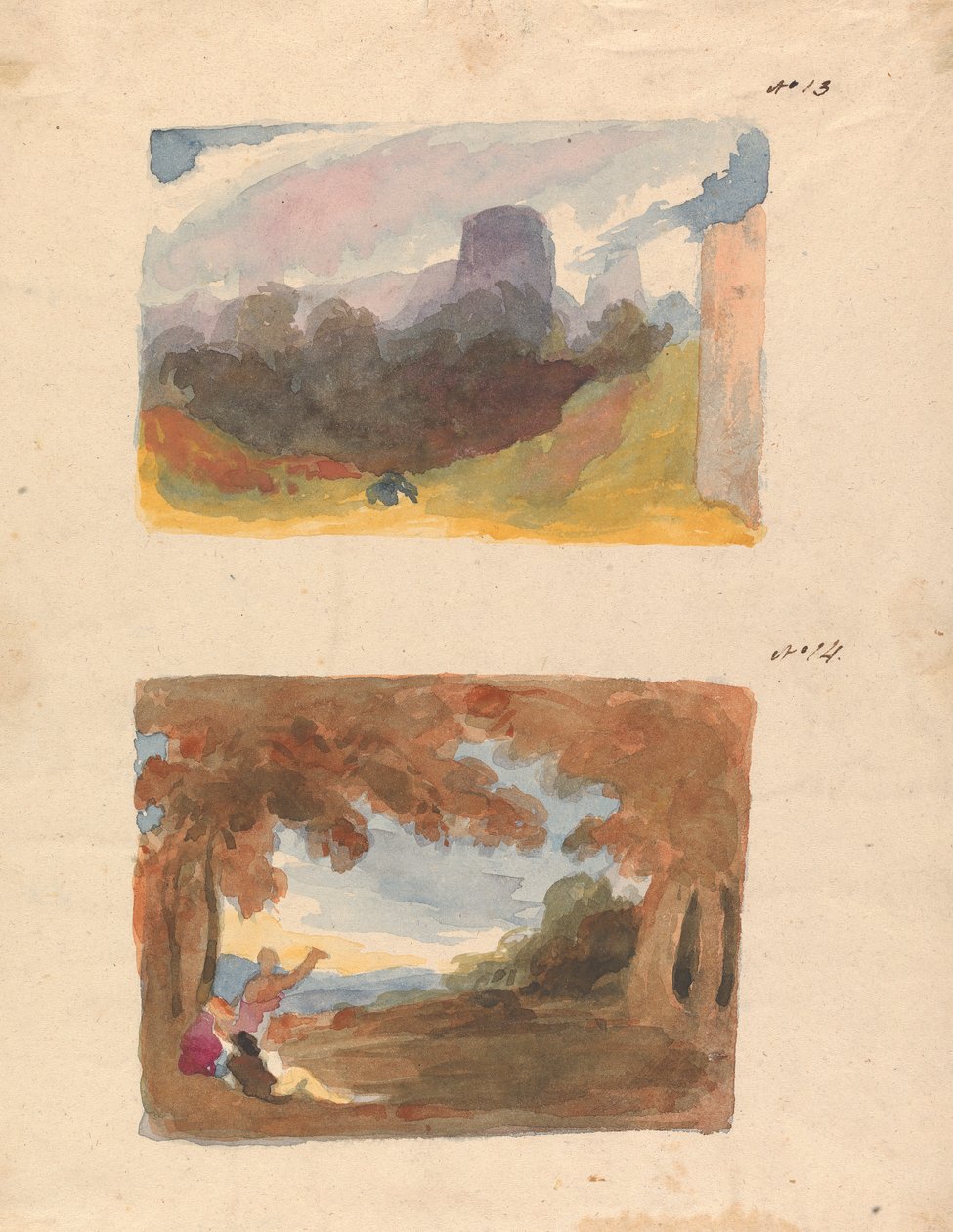 Két rajz egy lapra: Táj kastélyral - modern modor (13. sz.); Táj alakokkal az előtérben (14. sz.) alkotó: Thomas Sully