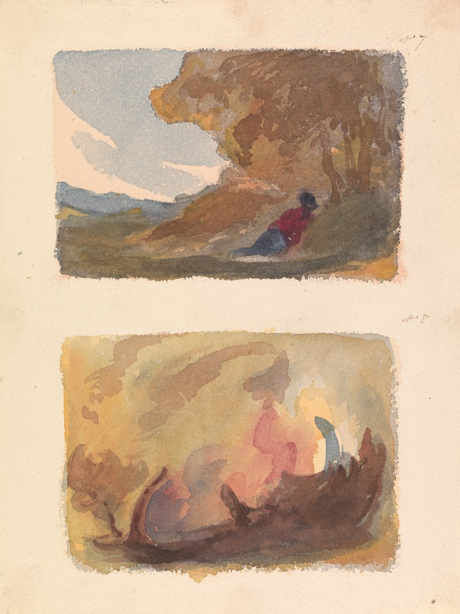 Két rajz egy lapon: Táj a dombnak dőlő alakkal - Tizian és Velencei Iskola (7. sz.); Tájkép – Különféle akvarellmosók (8. sz.) alkotó: Thomas Sully