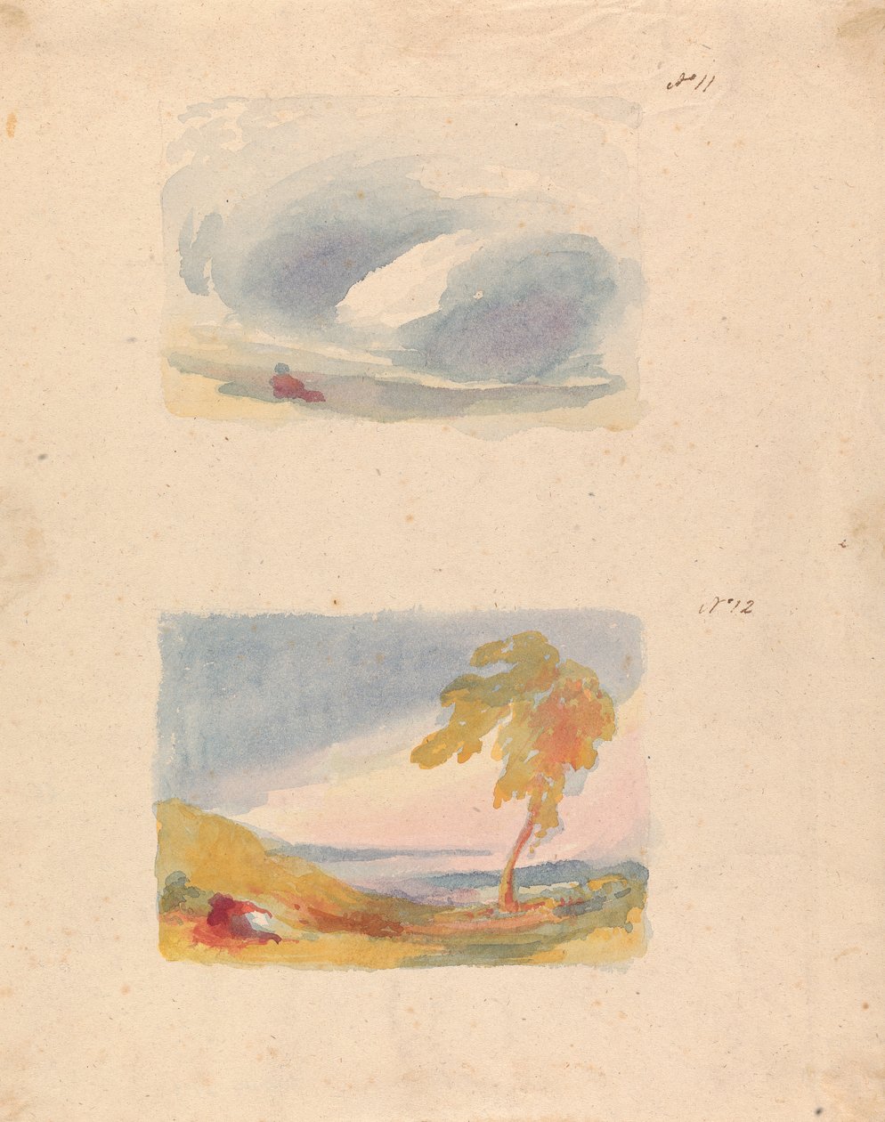 Két rajz egy lapon: Égbolt tanulmány – Turner-elv (11. sz.); Táj dombokkal és fákkal (12. sz.) alkotó: Thomas Sully