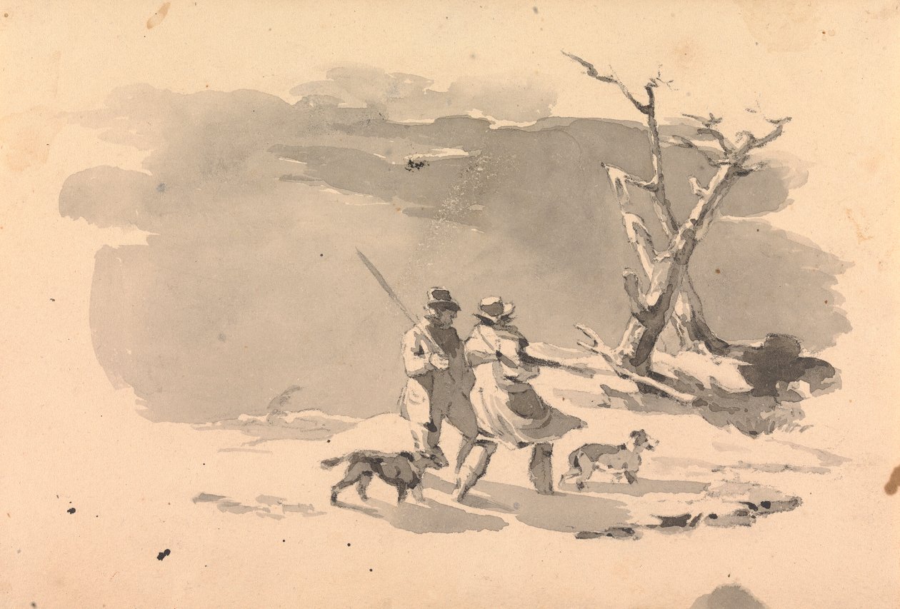Két vadász és két kutya a téli jelenetben alkotó: Thomas Sully
