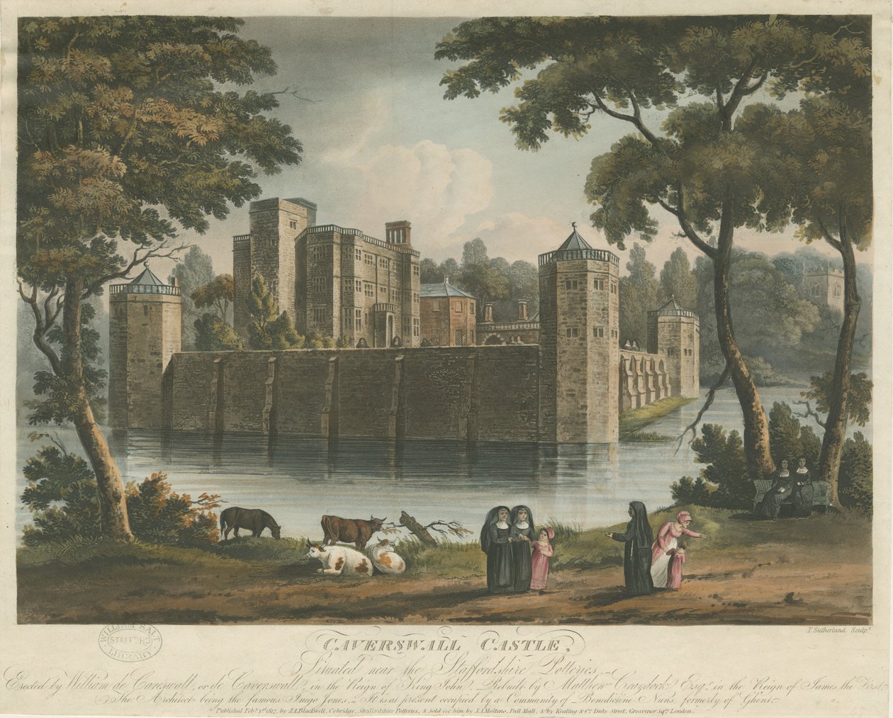 Caverswall kastély: színes akvatinta metszet, 1817. február 1 alkotó: Thomas Sutherland