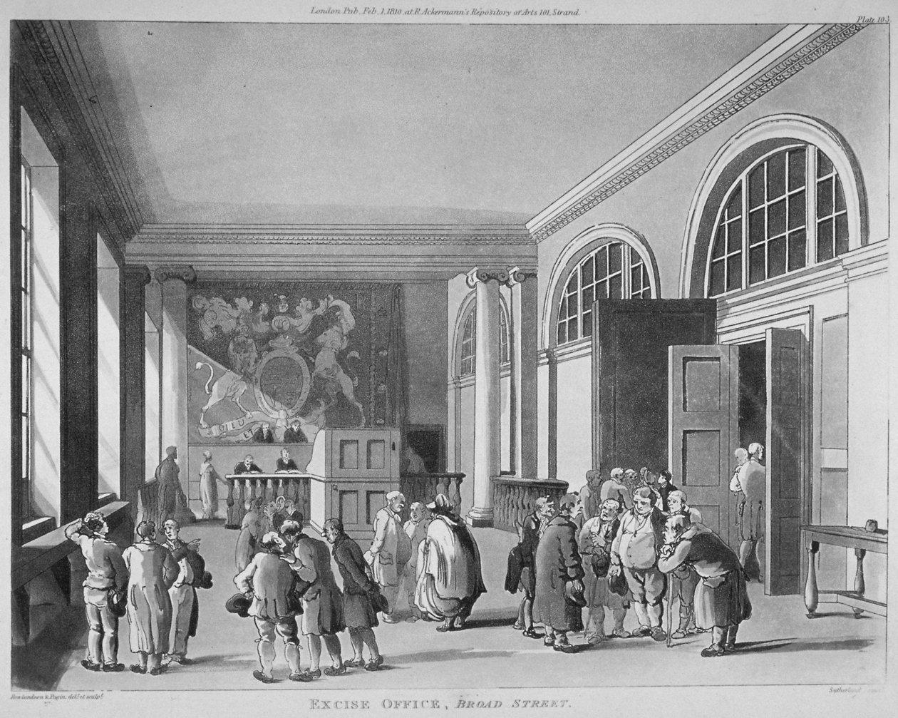 A jövedéki hivatal belseje, Old Broad Street, City of London, 1810 alkotó: Thomas Sutherland