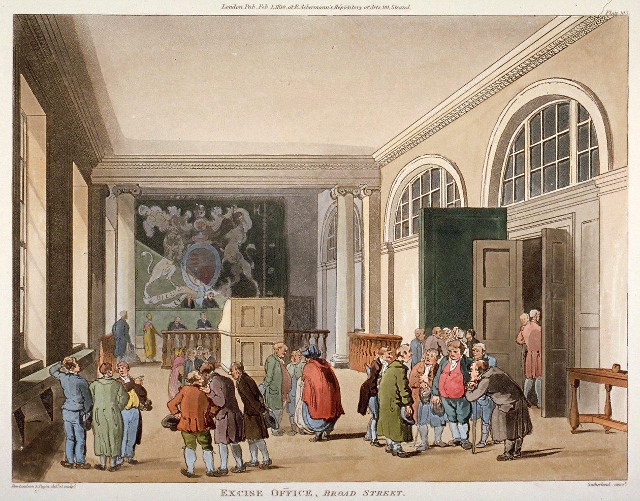 A jövedéki hivatal belseje, Old Broad Street, City of London, 1810 alkotó: Thomas Sutherland